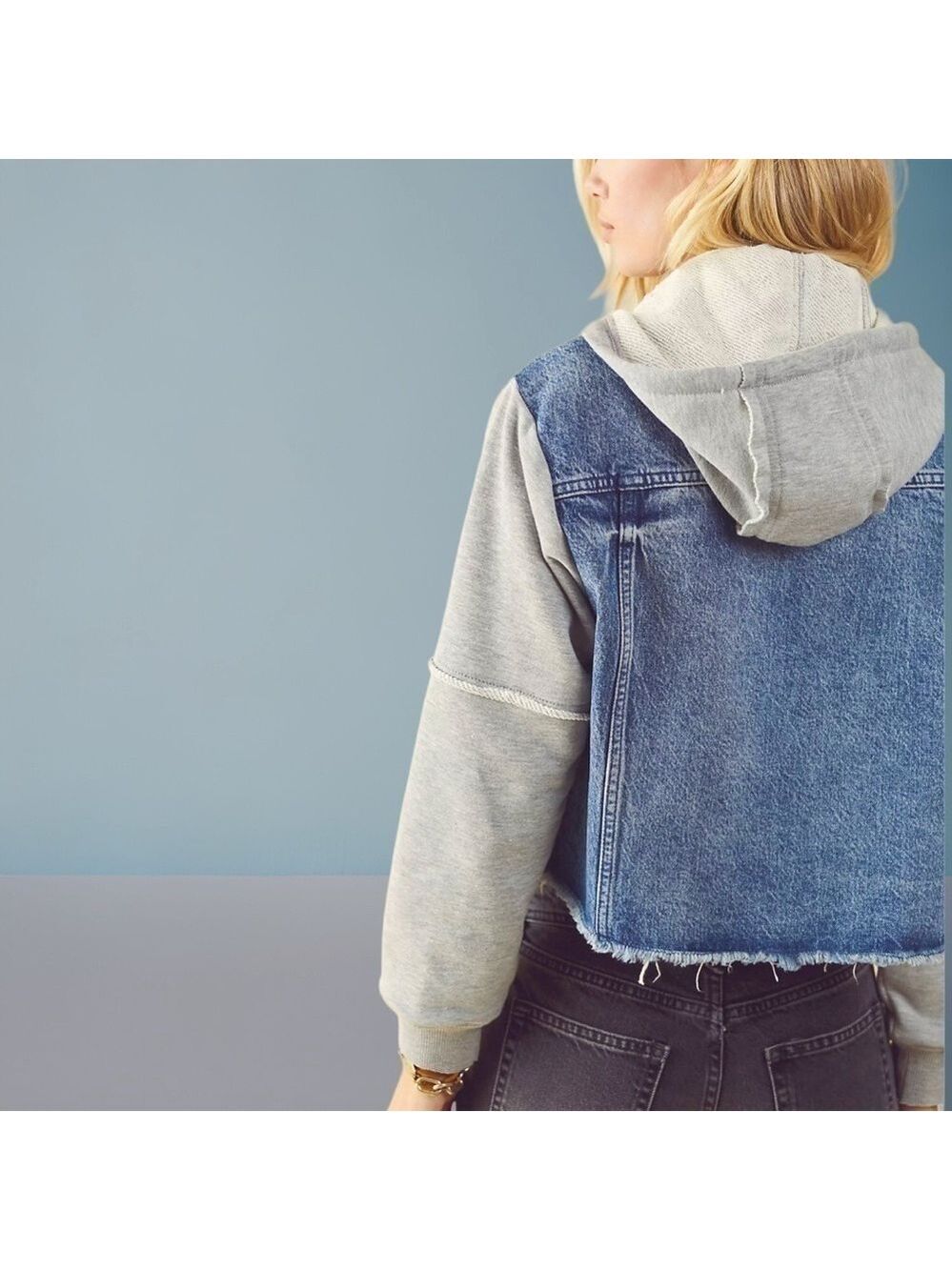 FREE PEOPLE Throwback Denim/Knit Hoodie Style Raw Hem Relaxed Crop Jacket-Md NWT - Picture 2 of 16